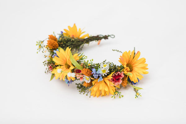 Spring bridal flower half wreath Yellow wildflowers crown Bride 2021 Meadow wedding accessories Hair flowers Magaela handmade Customisable