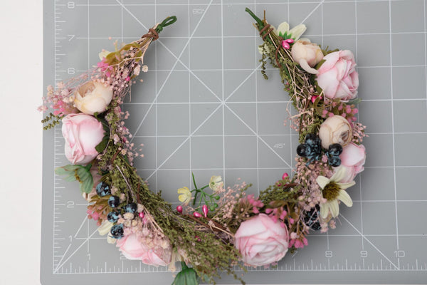 Peony flower wreath Pink bridal half wreath with blueberries Romantic hair crown Bridal half wreath Hair flowers inspo Magaela accessories