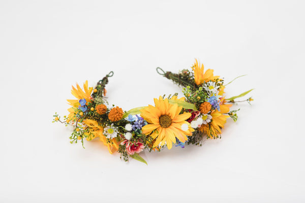 Spring bridal flower half wreath Yellow wildflowers crown Bride 2021 Meadow wedding accessories Hair flowers Magaela handmade Customisable