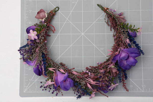 Purple flower half wreath Bridal freesia hair crown Wedding 2021 accessories for bride Magaela Preserved flowers Violet bridal hair flowers