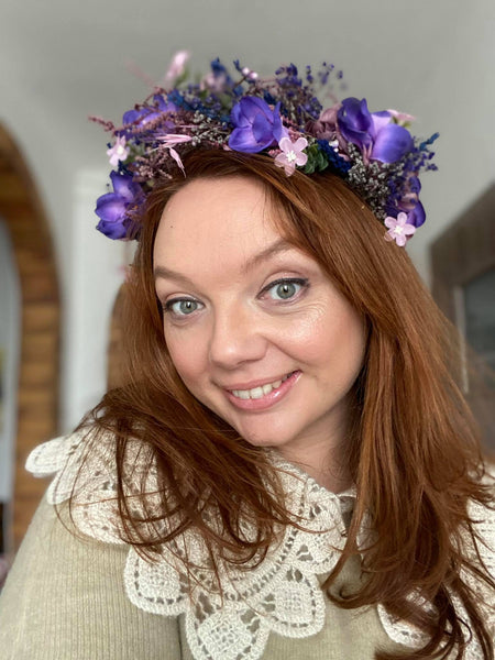 Purple flower half wreath Bridal freesia hair crown Wedding 2021 accessories for bride Magaela Preserved flowers Violet bridal hair flowers