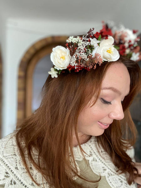 Bridal half wreath Ivory and red flower crown Magaela handmade Bridal hair flowers Hair accessories Bridal inspo Hairstyle Cream half crown