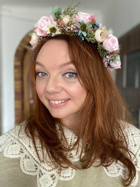 Peony flower wreath Pink bridal half wreath with blueberries Romantic hair crown Bridal half wreath Hair flowers inspo Magaela accessories