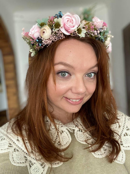 Peony flower wreath Pink bridal half wreath with blueberries Romantic hair crown Bridal half wreath Hair flowers inspo Magaela accessories