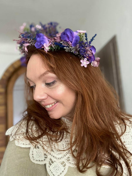 Purple flower half wreath Bridal freesia hair crown Wedding 2021 accessories for bride Magaela Preserved flowers Violet bridal hair flowers