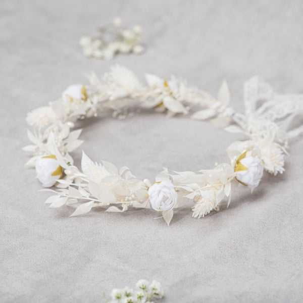 Communion flower wreath with white peonies