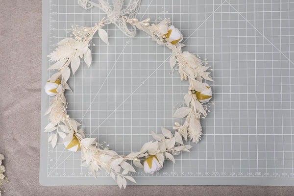 Communion flower wreath with white peonies