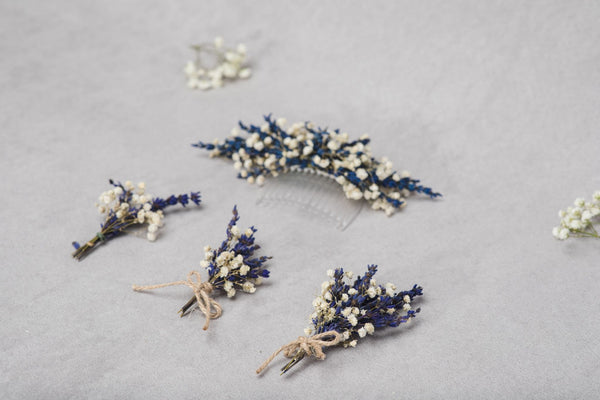 Lavender flower hair comb Bridal headpiece Navy blue baby's breath wedding comb Provence wedding 2021 Preserved lavender comb Magaela Hair flowers Bride