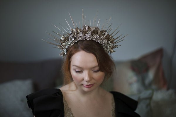 Small bridal halo crown Spiked crown for bride Rose gold flower crown Beyonce sun ray crown Magaela Handmade Spikes Headband 2021 wedding