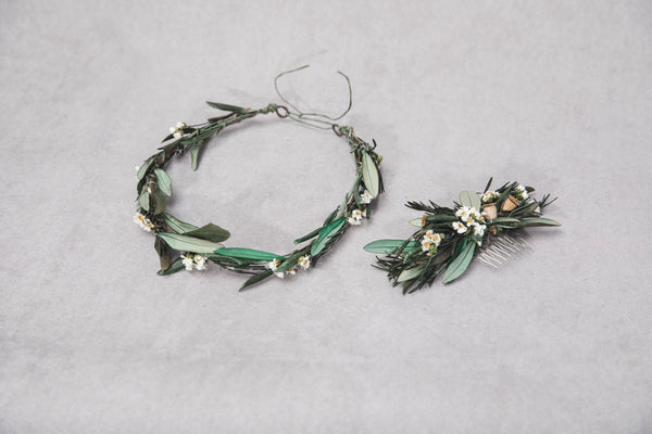 Greenery wedding set of hair comb and wreath 2021 wedding Rustic wedding hair crown Olive leaves wreath Customisable Magaela accessories