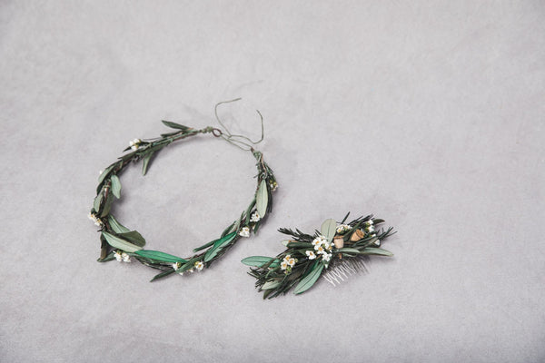 Greenery wedding set of hair comb and wreath 2021 wedding Rustic wedding hair crown Olive leaves wreath Customisable Magaela accessories