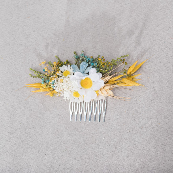 Yellow and white flower hair comb Daisy bridal hair comb Dried flowers Yellow and blue wedding headpiece Meadow flower comb Hair flowers