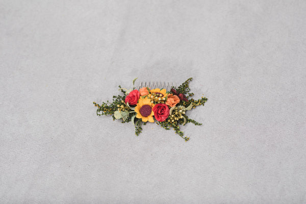 Summer hair comb Hair comb with sunflowers Hair comb in red-green-yellow combination Romantic bridal comb Wedding comb Bridal hair jewellery