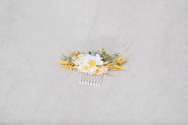 Yellow and white flower hair comb Daisy bridal hair comb Dried flowers Yellow and blue wedding headpiece Meadow flower comb Hair flowers