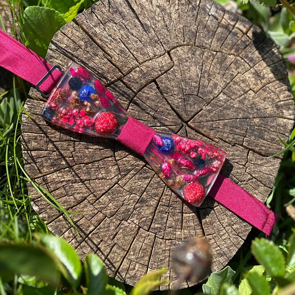 Raspberry flower resin bow tie