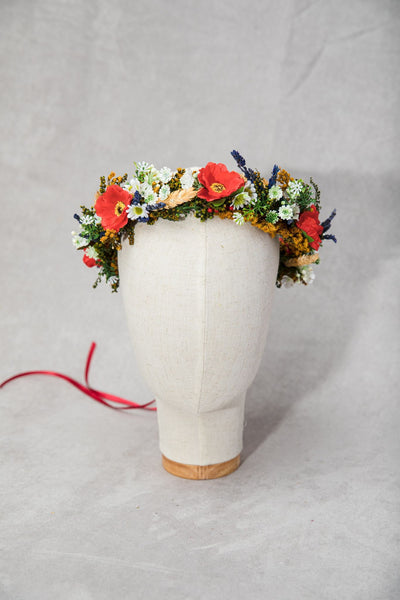 Folk crown with poppy flower and ear of wheat Bridal colourful wreath Flower hair wreath Handmade hair wreath Floral headpiece Hair jewellery