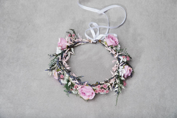 Romantic pink flower hair crown Bridal flower wreath Blush rose Hair flowers Bridal headpiece Boho wreath Magaela Wedding 2021 natural crown