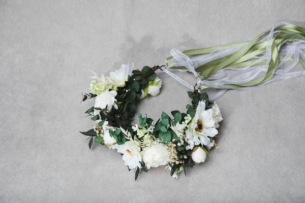 Big boho flower wreath Green and white bridal crown Flower headpiece Bride 2021 Greenery wedding Customisable Wedding hair flowers handmade