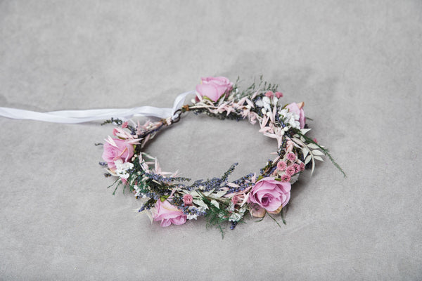 Romantic pink flower hair crown Bridal flower wreath Blush rose Hair flowers Bridal headpiece Boho wreath Magaela Wedding 2021 natural crown