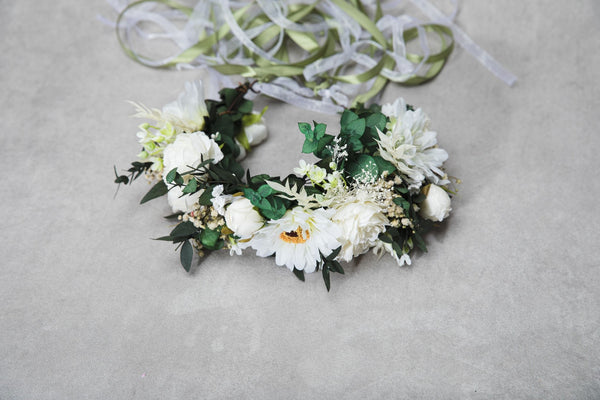 Big boho flower wreath Green and white bridal crown Flower headpiece Bride 2021 Greenery wedding Customisable Wedding hair flowers handmade