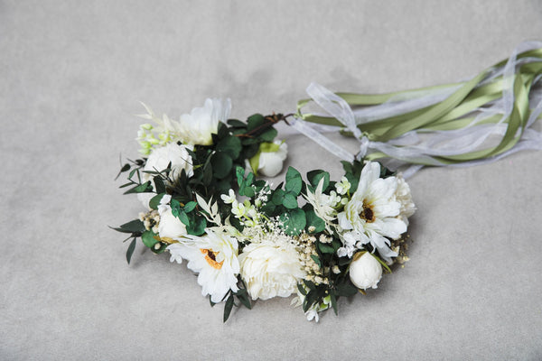 Big boho flower wreath Green and white bridal crown Flower headpiece Bride 2021 Greenery wedding Customisable Wedding hair flowers handmade