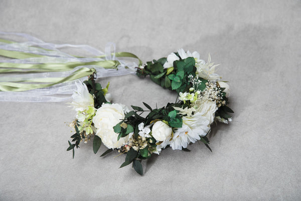 Big boho flower wreath Green and white bridal crown Flower headpiece Bride 2021 Greenery wedding Customisable Wedding hair flowers handmade
