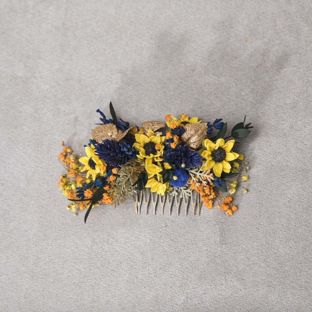 Sunflower wedding hair comb Bridal hair comb Yellow and blue hair comb Flower hair jewellery Bridal hair flowers Magaela handmade