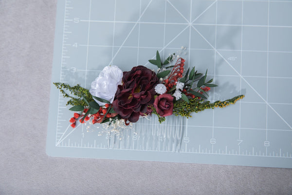 Burgundy and white bridal hair comb Flower bridal comb Wedding hair comb Magaela Customisable bridal hair comb Natural bridal headpiece