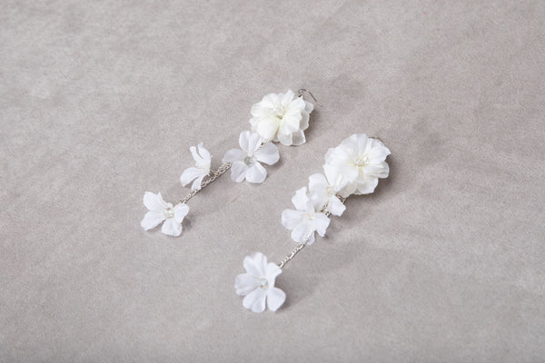 White boho bridal flower earrings