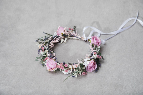 Romantic pink flower hair crown Bridal flower wreath Blush rose Hair flowers Bridal headpiece Boho wreath Magaela Wedding 2021 natural crown