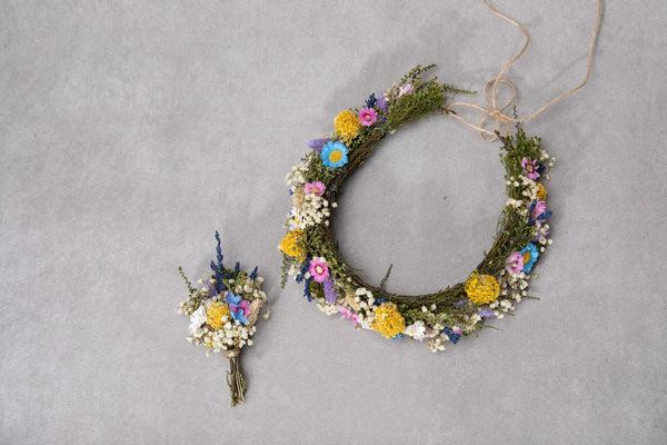 Wedding set Meadow flower crown Corsage for groom Custom wreath Wildflowers Summer flower wreath Magaela Handmade Meadow Boutonniere