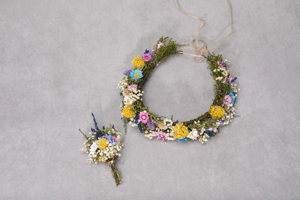 Wedding set Meadow flower crown Corsage for groom Custom wreath Wildflowers Summer flower wreath Magaela Handmade Meadow Boutonniere