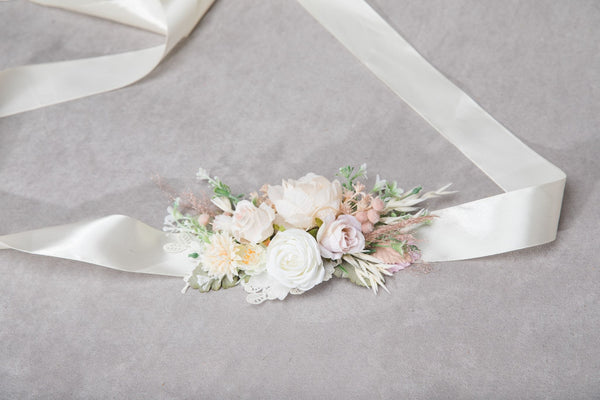 Romantic pastel flower set Bridal set Ivory Flower girl hair clip Boutonniere Flower corsage for groom Wedding belt Blush and peach