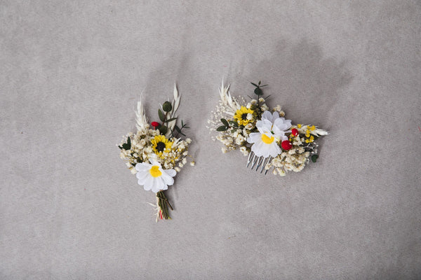 Wedding flower set Folk meadow boutonniere Hair comb for bride Sunflower and Daisy corsage for groom Headpiece with daisy flower Magaela
