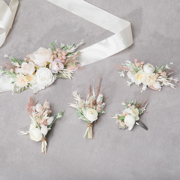 Romantic pastel flower set Bridal set Ivory Flower girl hair clip Boutonniere Flower corsage for groom Wedding belt Blush and peach