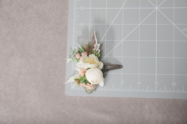 Romantic pastel flower set Bridal set Ivory Flower girl hair clip Boutonniere Flower corsage for groom Wedding belt Blush and peach