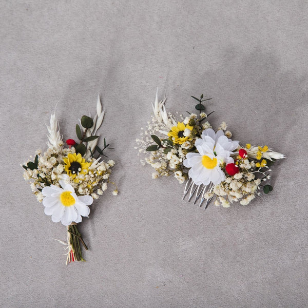 Wedding flower set Folk meadow boutonniere Hair comb for bride Sunflower and Daisy corsage for groom Headpiece with daisy flower Magaela