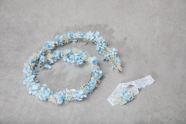 Blue hydrangea wedding garter