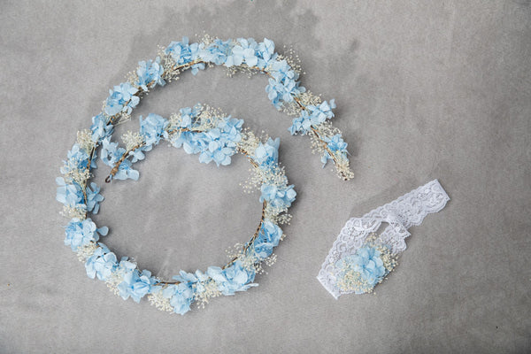 Preserved hydrangea and baby's breath hair garland Bridal headpiece Shapeable flower garland Long bendable hair vine Magaela handmade