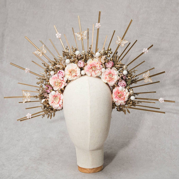 Golden and blush flower halo crown Met gala spiked crown Wedding headband Maternity photoshoot crown with Butterflies Sun ray crown Magaela