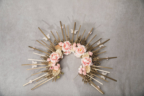Golden and blush flower halo crown Met gala spiked crown Wedding headband Maternity photoshoot crown with Butterflies Sun ray crown Magaela