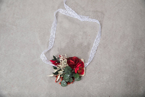 Red wedding flower set Hair vine Flower bracelet Boutonniere for groom Best man corsage Bendable hair vine Bridal hairpiece Wrist corsage