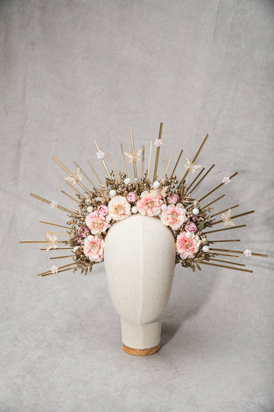 Golden and blush flower halo crown Met gala spiked crown Wedding headband Maternity photoshoot crown with Butterflies Sun ray crown Magaela