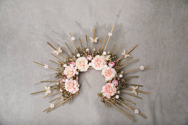 Golden and blush flower halo crown Met gala spiked crown Wedding headband Maternity photoshoot crown with Butterflies Sun ray crown Magaela