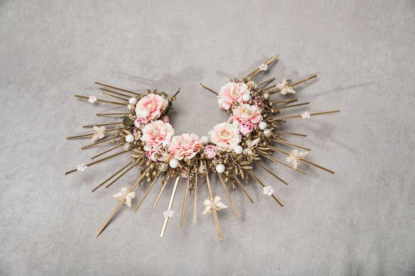 Golden and blush flower halo crown Met gala spiked crown Wedding headband Maternity photoshoot crown with Butterflies Sun ray crown Magaela