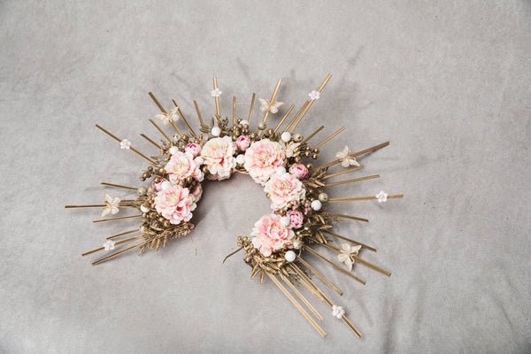Golden and blush flower halo crown Met gala spiked crown Wedding headband Maternity photoshoot crown with Butterflies Sun ray crown Magaela