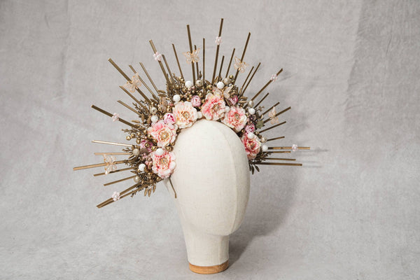 Golden and blush flower halo crown Met gala spiked crown Wedding headband Maternity photoshoot crown with Butterflies Sun ray crown Magaela