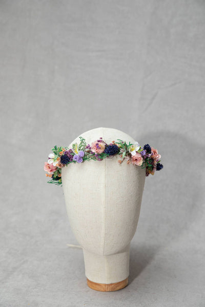 Meadow flower hair wreath Bridal flower crown with roses Hair flowers Bridal hairstyle inspo Navy and peach flower hair wreath Wildflowers