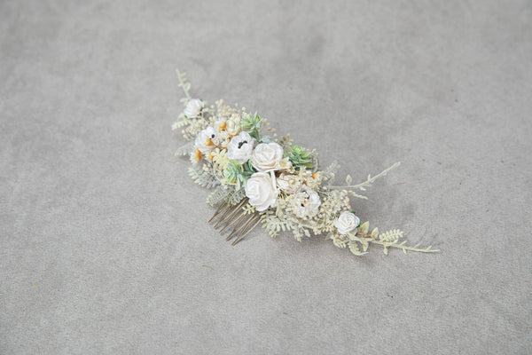 Bridal flower comb Ivory roses hair comb Natural flower headpiece for bride Low Bun bridal hairstyle Magaela White flower comb Wedding comb