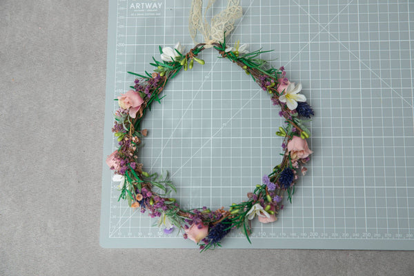 Meadow flower hair wreath Bridal flower crown with roses Hair flowers Bridal hairstyle inspo Navy and peach flower hair wreath Wildflowers